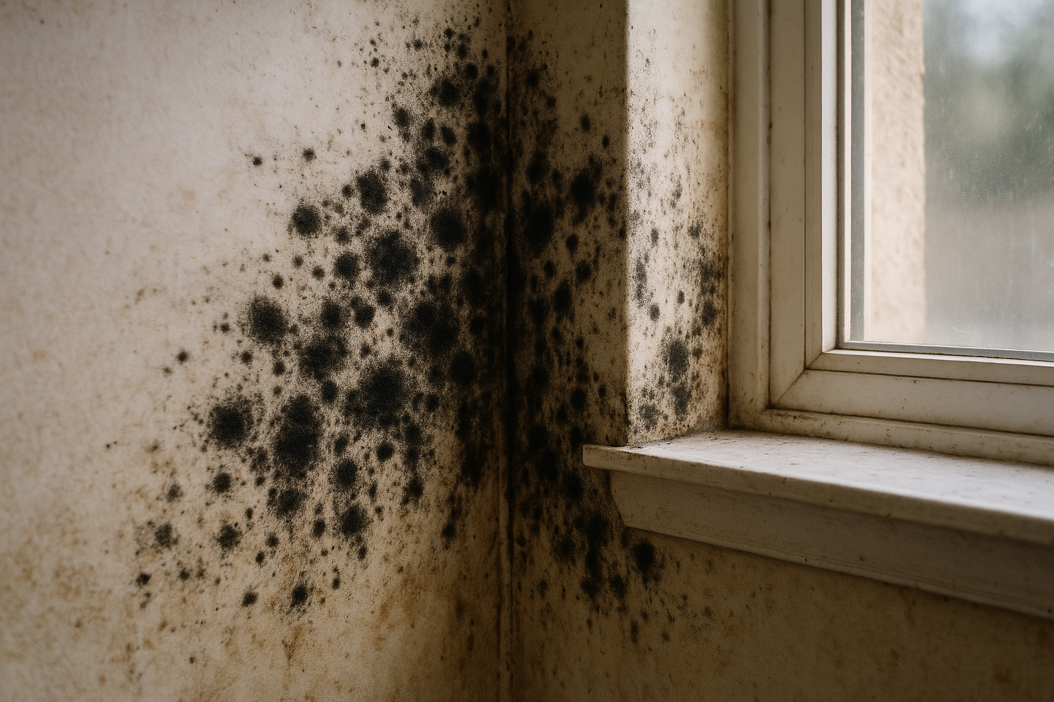 Close-up of mold growth on a water-damaged wall, illustrating how mold exposure can make you sick in a Texas home
