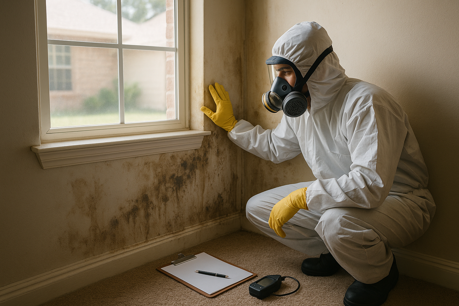 Licensed technician inspecting mold damage, illustrating what to look for when choosing a Texas mold contractor