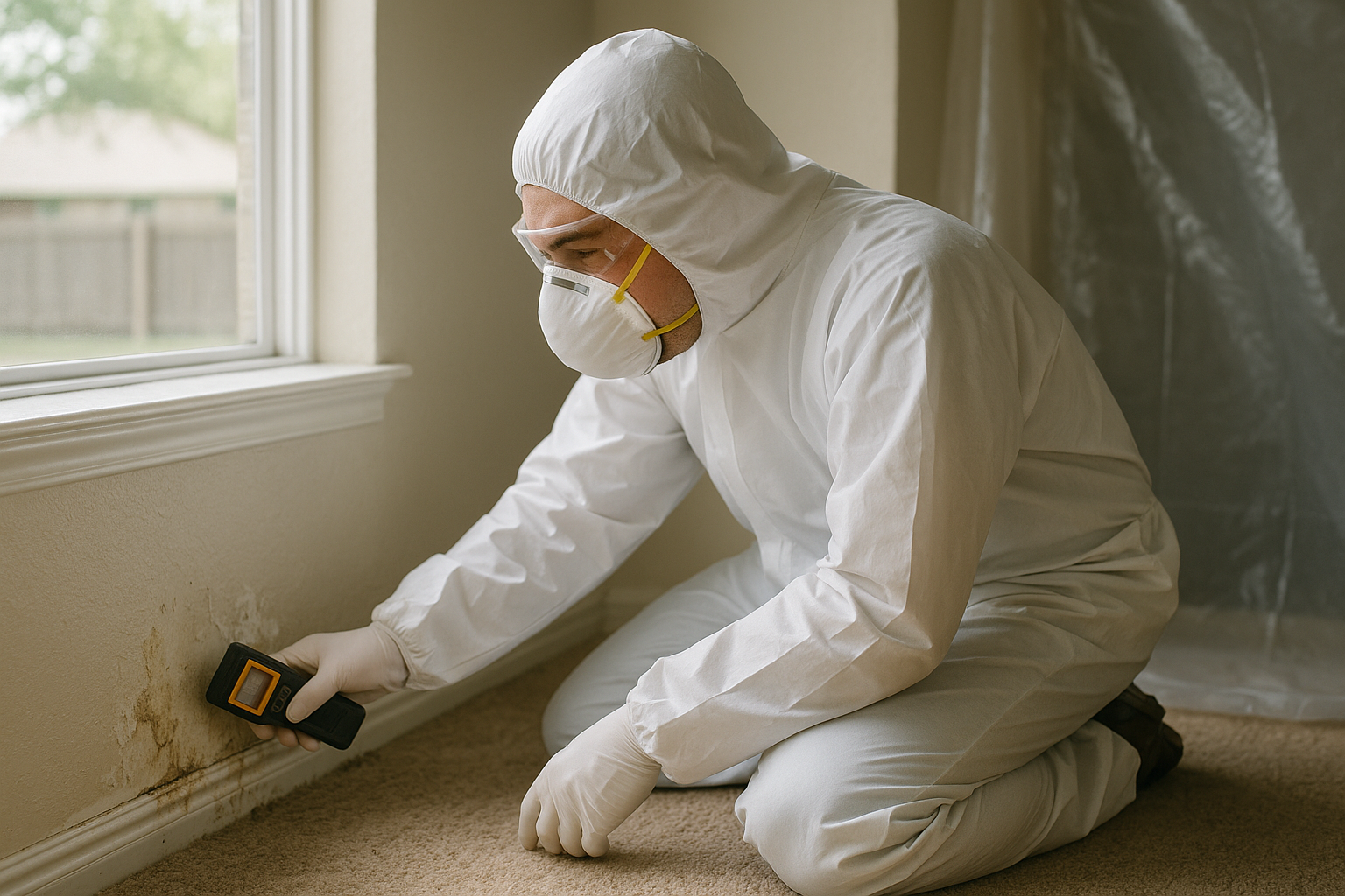 Licensed technician inspecting a water-damaged wall during mold remediation in a Texas home, illustrating whether insurance covers mold in Texas