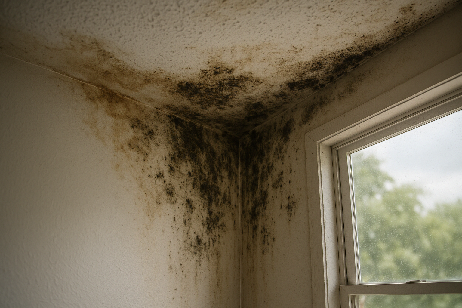 Mold growth on a water-damaged ceiling corner in a Fort Worth home