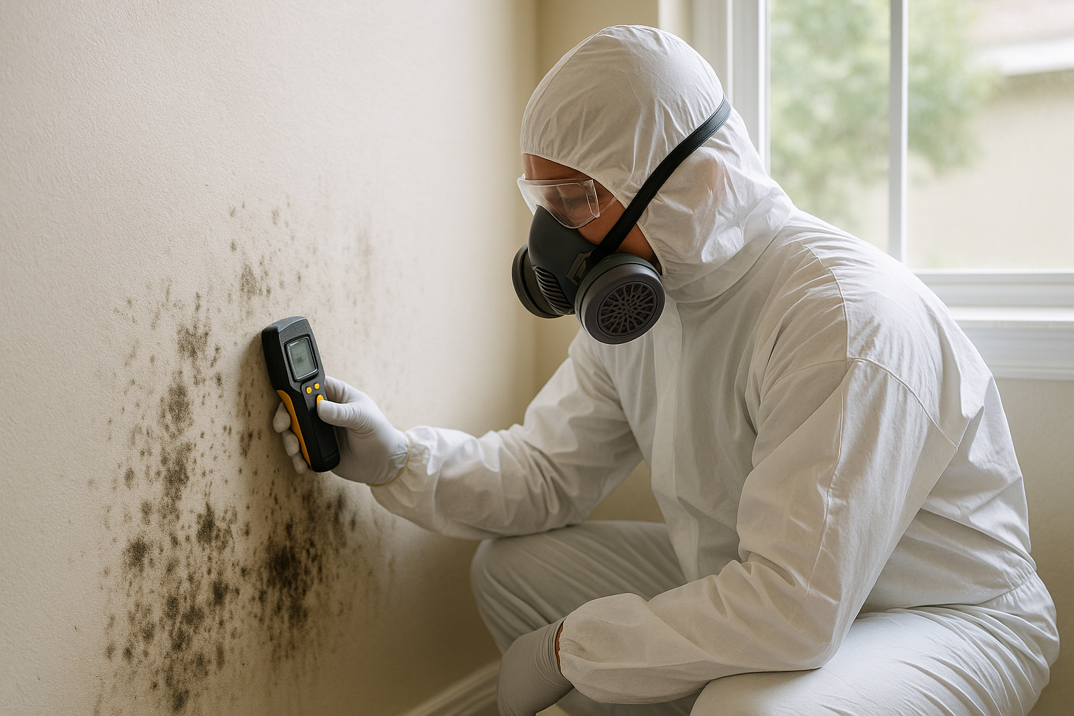 Licensed mold contractor in protective gear inspecting mold damage on a wall in a Texas home