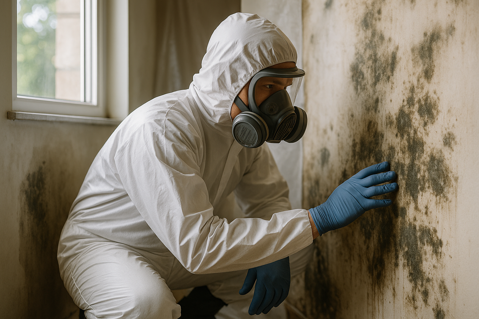 Licensed technician performing houston mold remediation on a water-damaged wall
