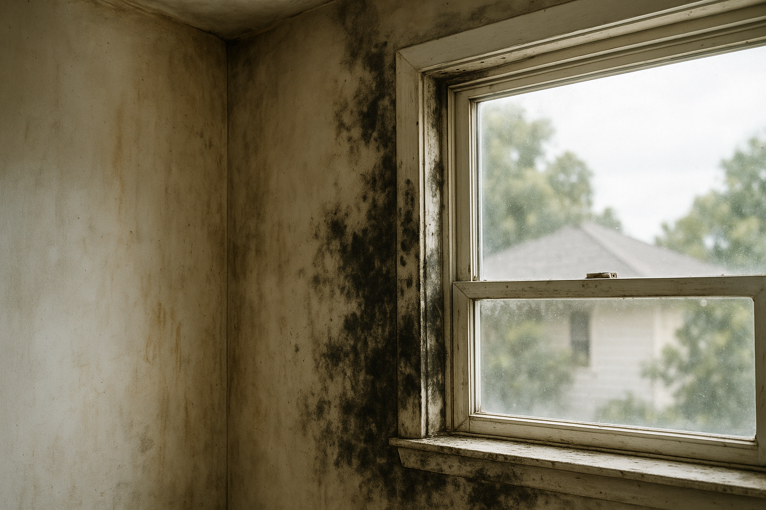 Close-up of black mold growth on a water-damaged wall in a Texas home, illustrating whether black mold is dangerous to health