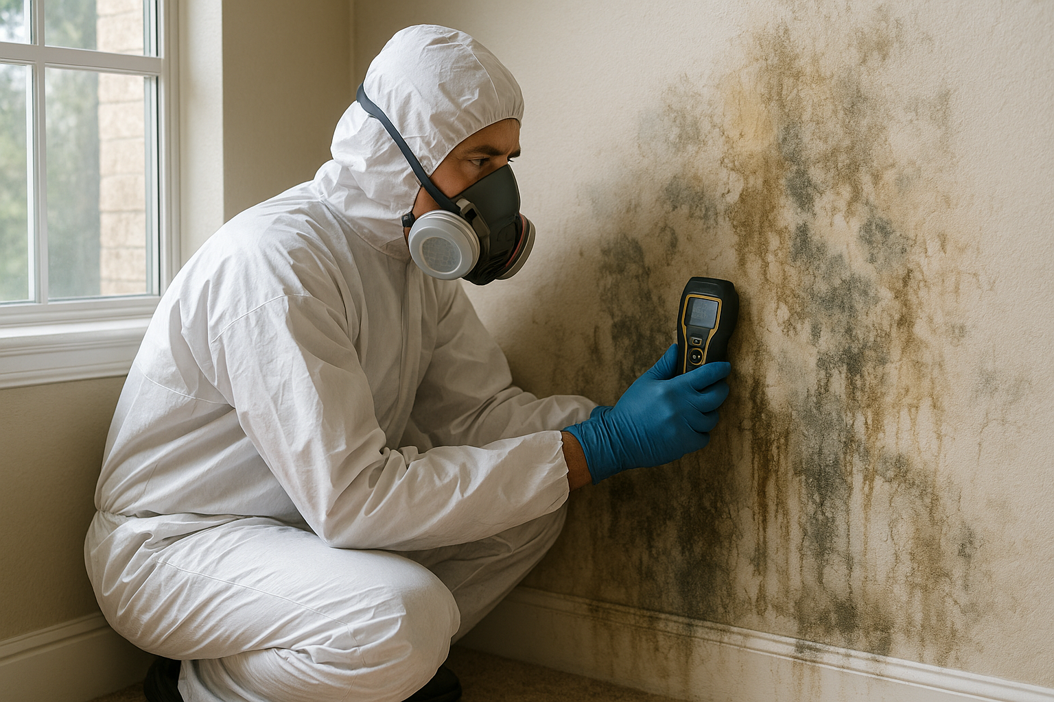 Licensed local mold remediation company technician inspecting mold damage in a Texas home