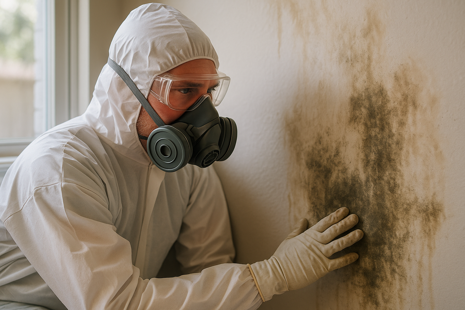 Licensed technician inspecting mold damage on a wall, illustrating the long term effects of mold exposure in a Texas home