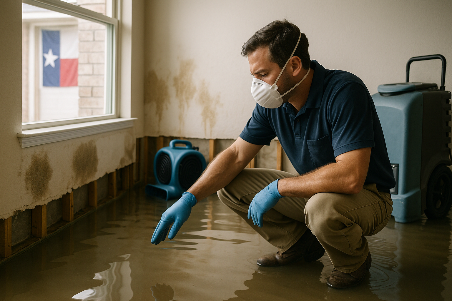 Technician assessing mold growth on water-damaged drywall after a Texas storm flood