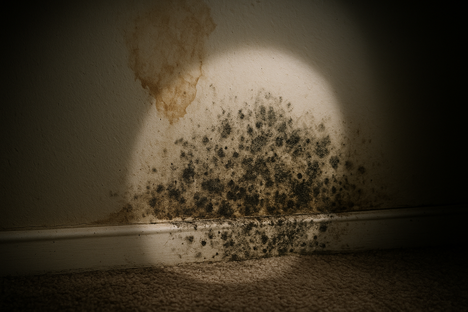 Water-damaged drywall with mold growth, illustrating documentation needed for a mold insurance claim in Texas