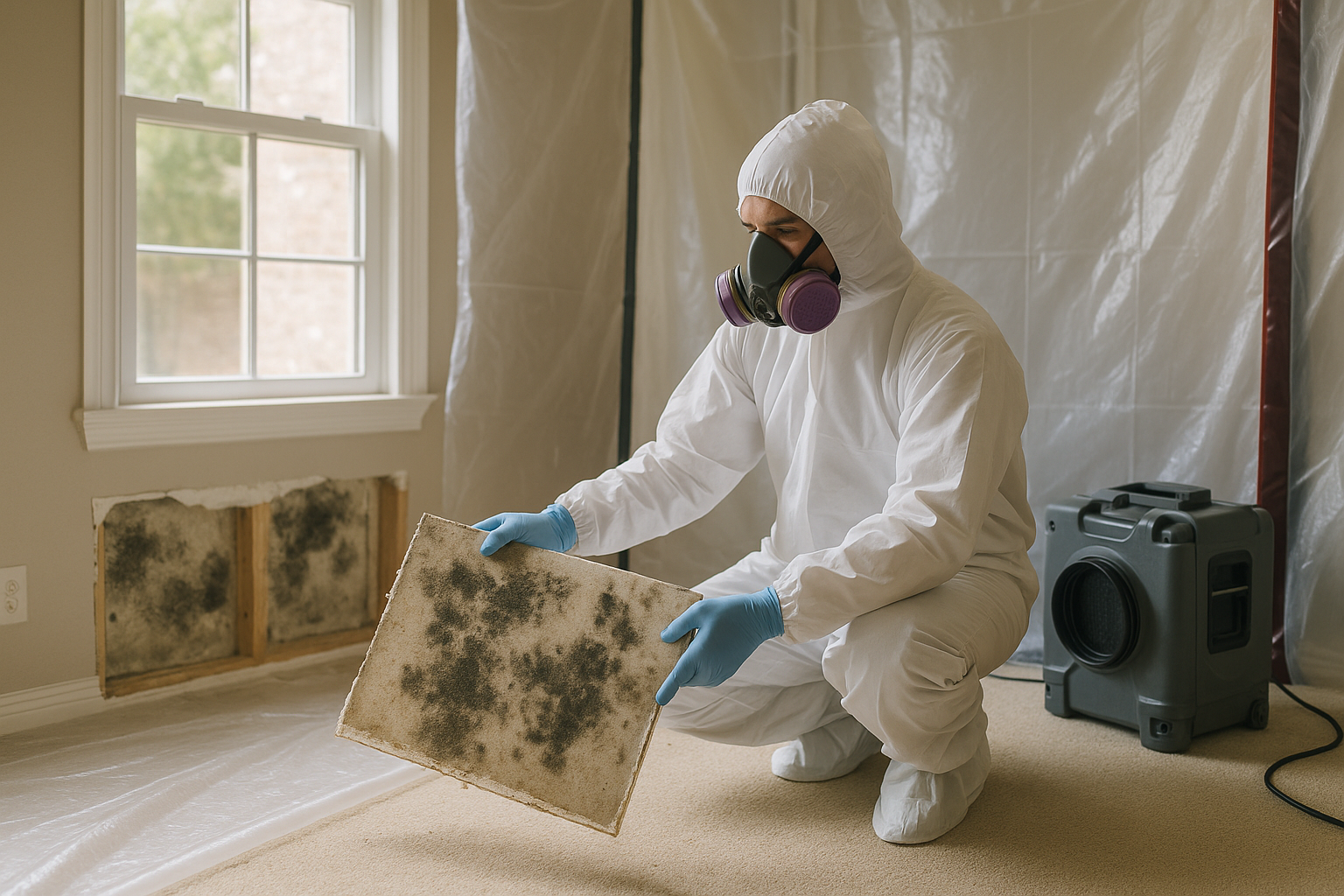 Licensed technician performing mold remediation in a Texas home, illustrating mold remediation cost factors