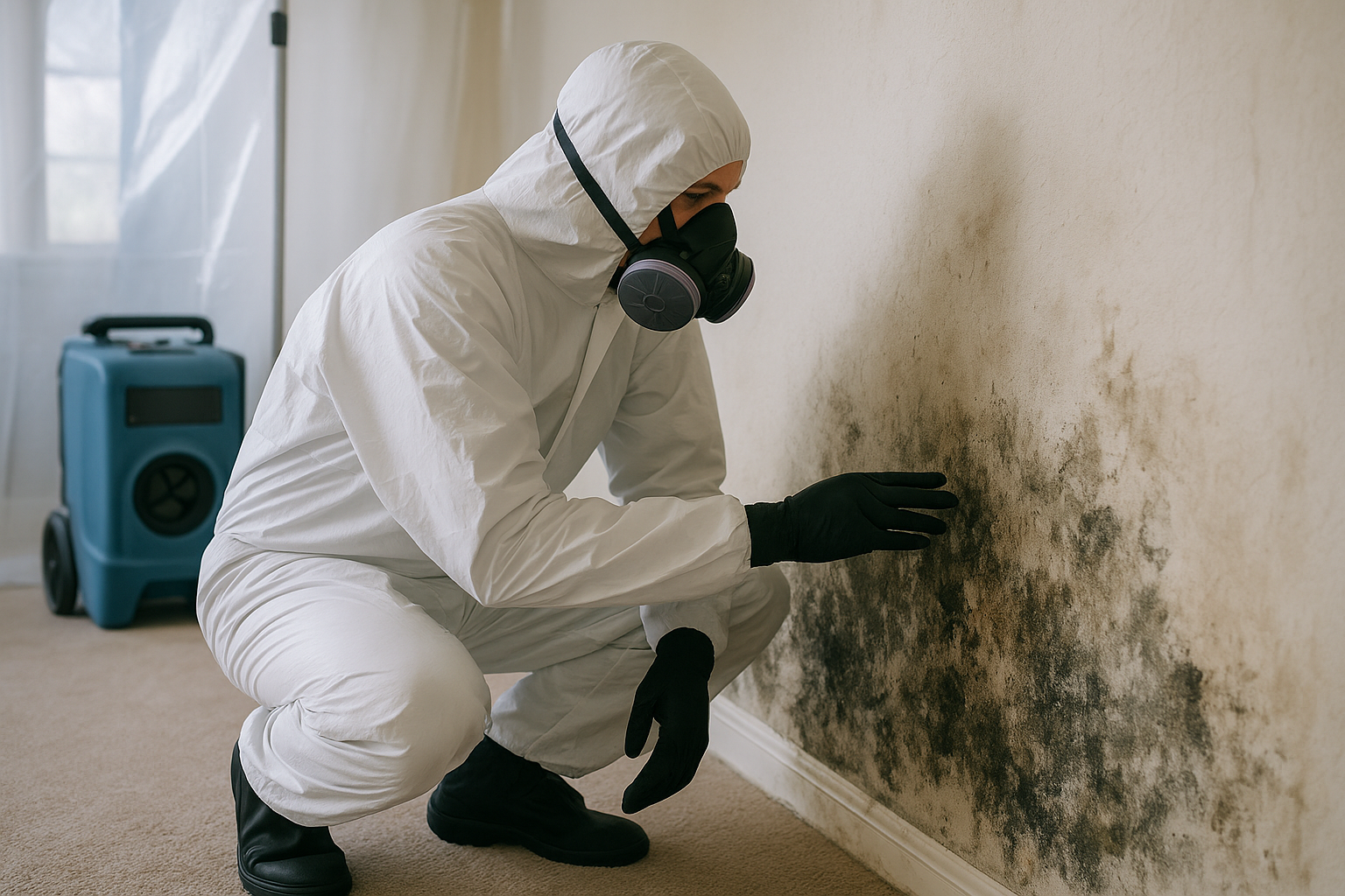 Licensed mold remediation technician inspecting a wall in a Texas home, illustrating mold remediation license Texas requirements