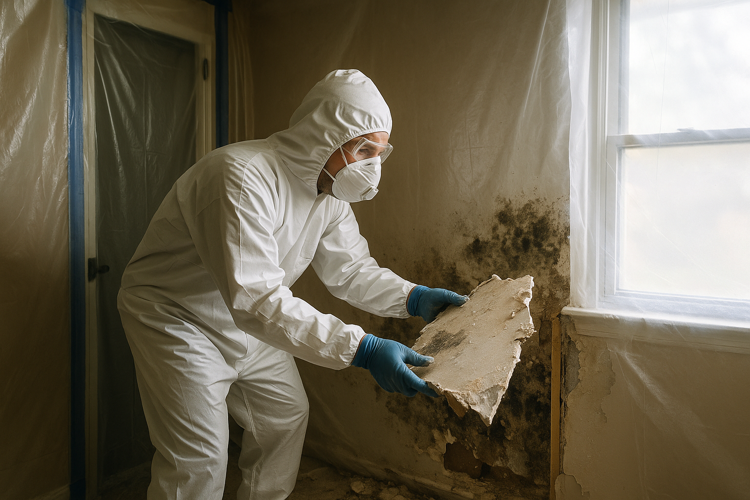 Technician following mold remediation process steps while removing damaged drywall in a contained Texas home