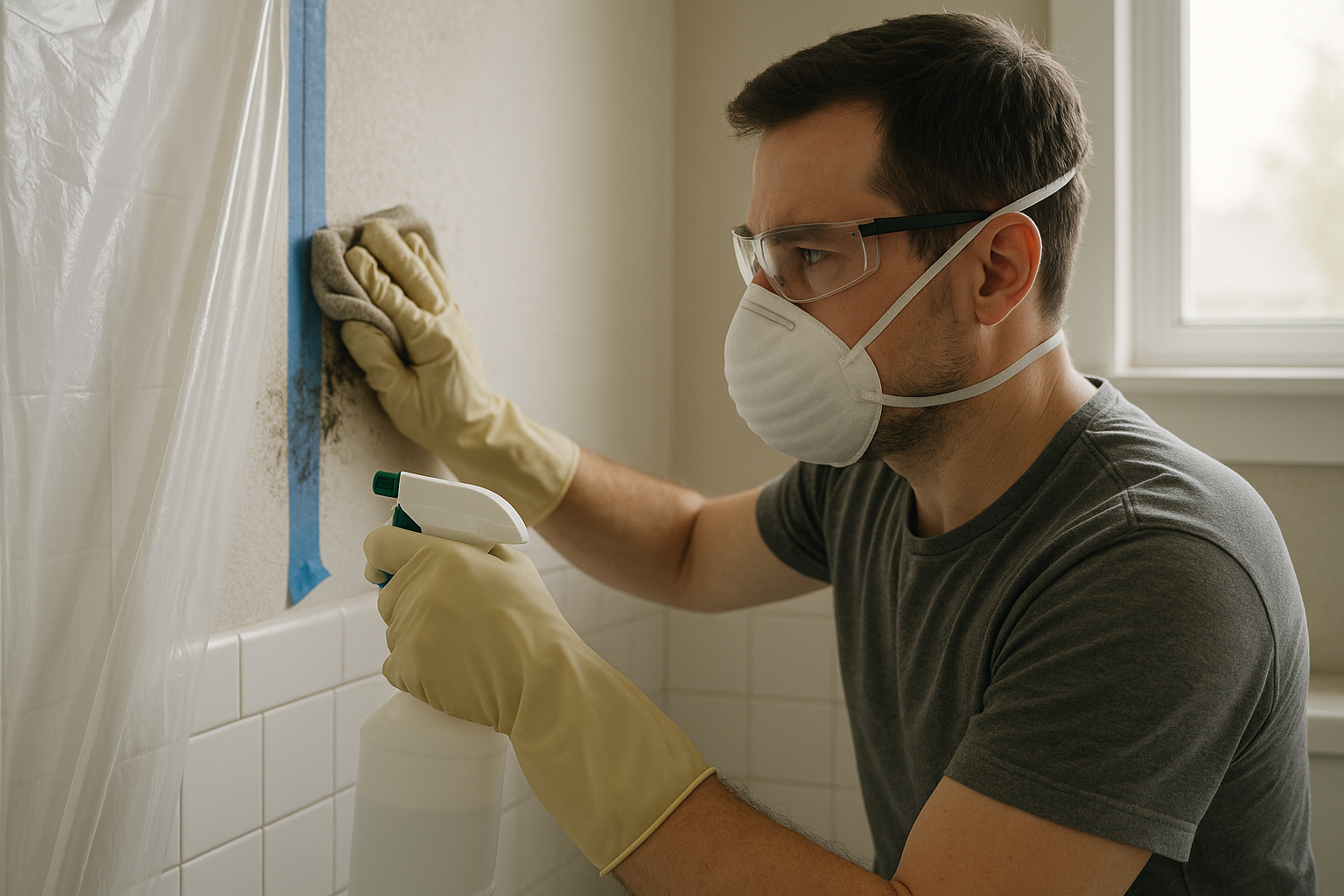 Homeowner wearing protective gear to remove black mold themselves in a Texas home bathroom