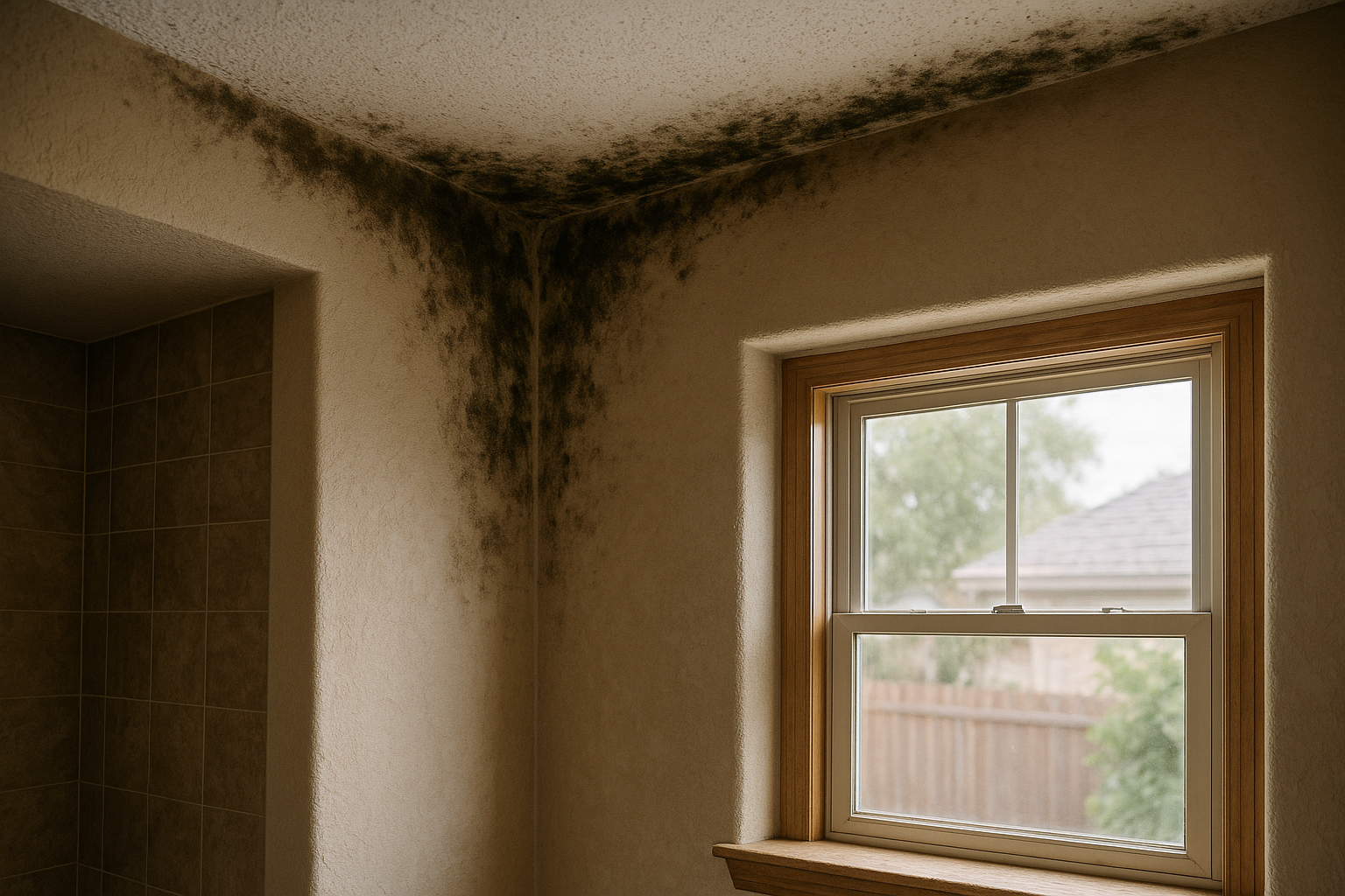 Visible black mold growth on a ceiling corner in a Texas home, raising the question of whether it is safe to stay in the house