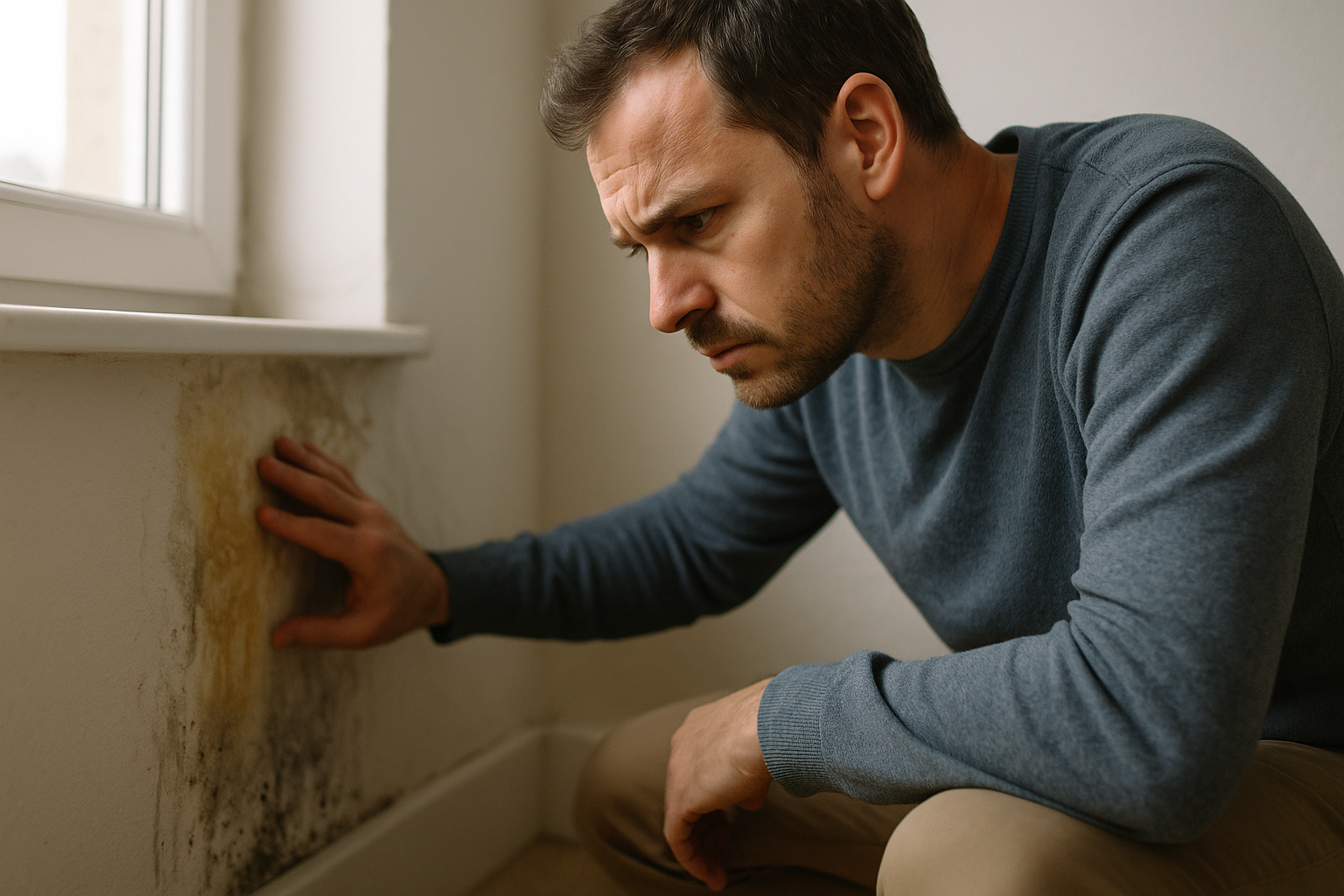 Homeowner inspecting wall dampness and mold growth while recognizing symptoms of mold exposure in a Texas home