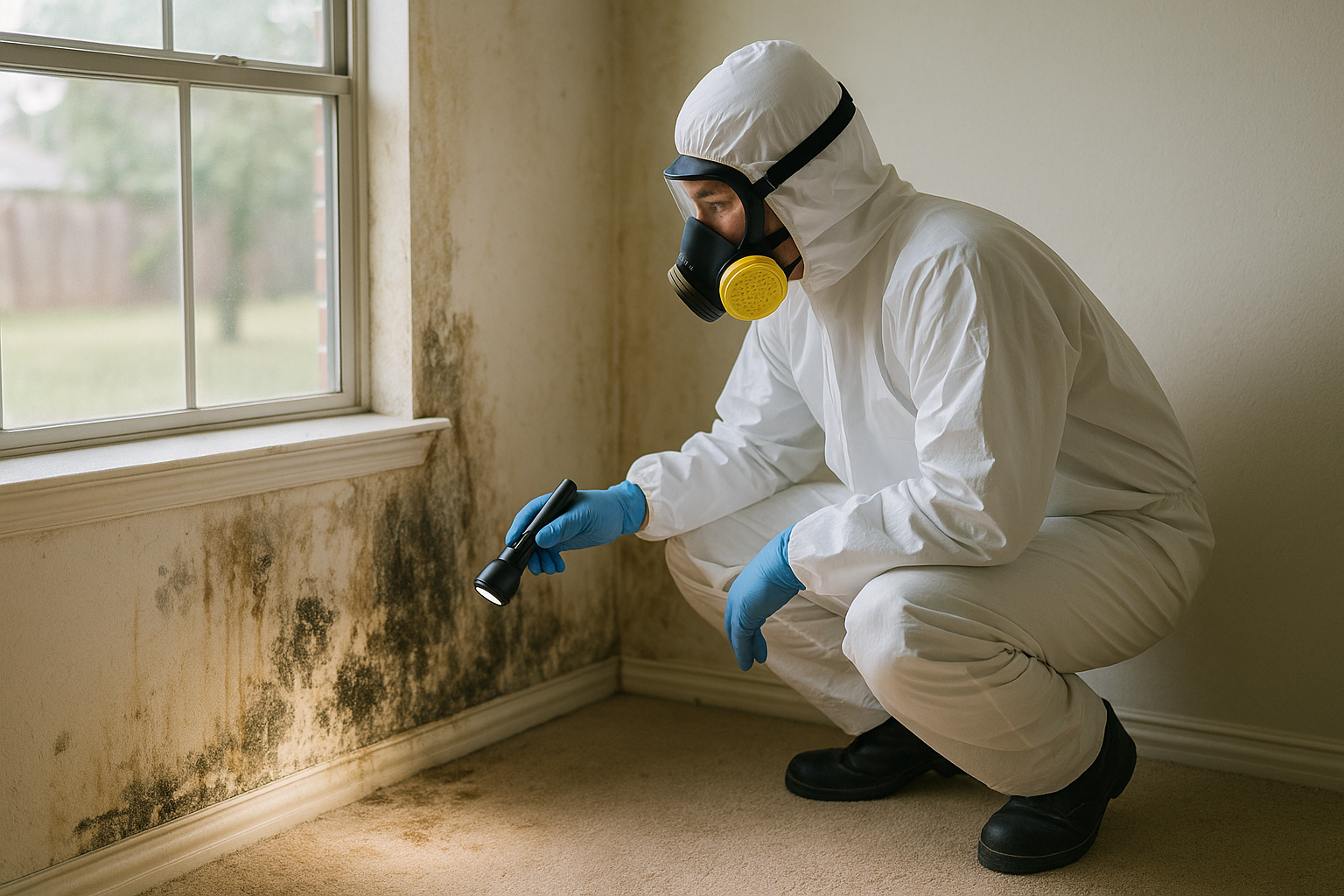 Licensed inspector examining mold damage on a rental property wall, illustrating Texas mold laws for landlords