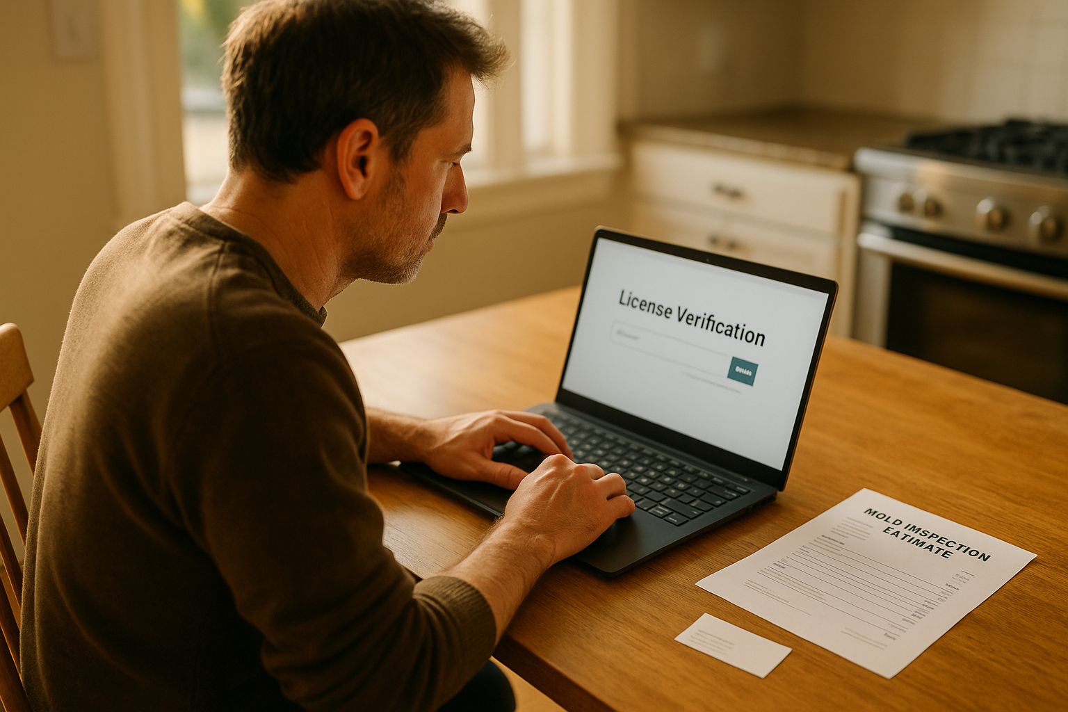 Homeowner using a laptop to verify a TDLR mold license before hiring a Texas mold remediation contractor