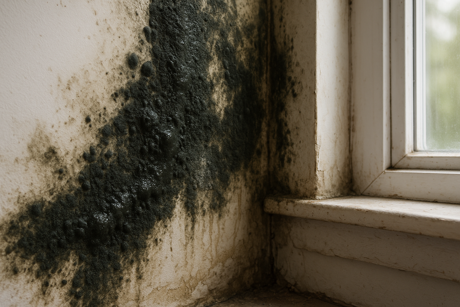 Close-up of dark greenish-black mold growth on water-damaged drywall, illustrating what black mold looks like in a Texas home