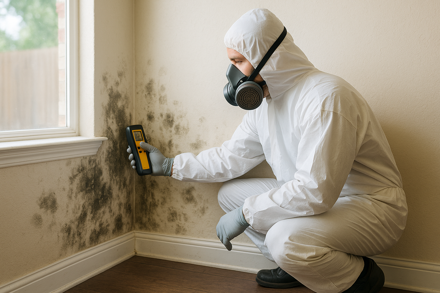 Licensed mold remediation professional in protective gear inspecting mold damage on a wall, illustrating when to call a mold professional in Texas